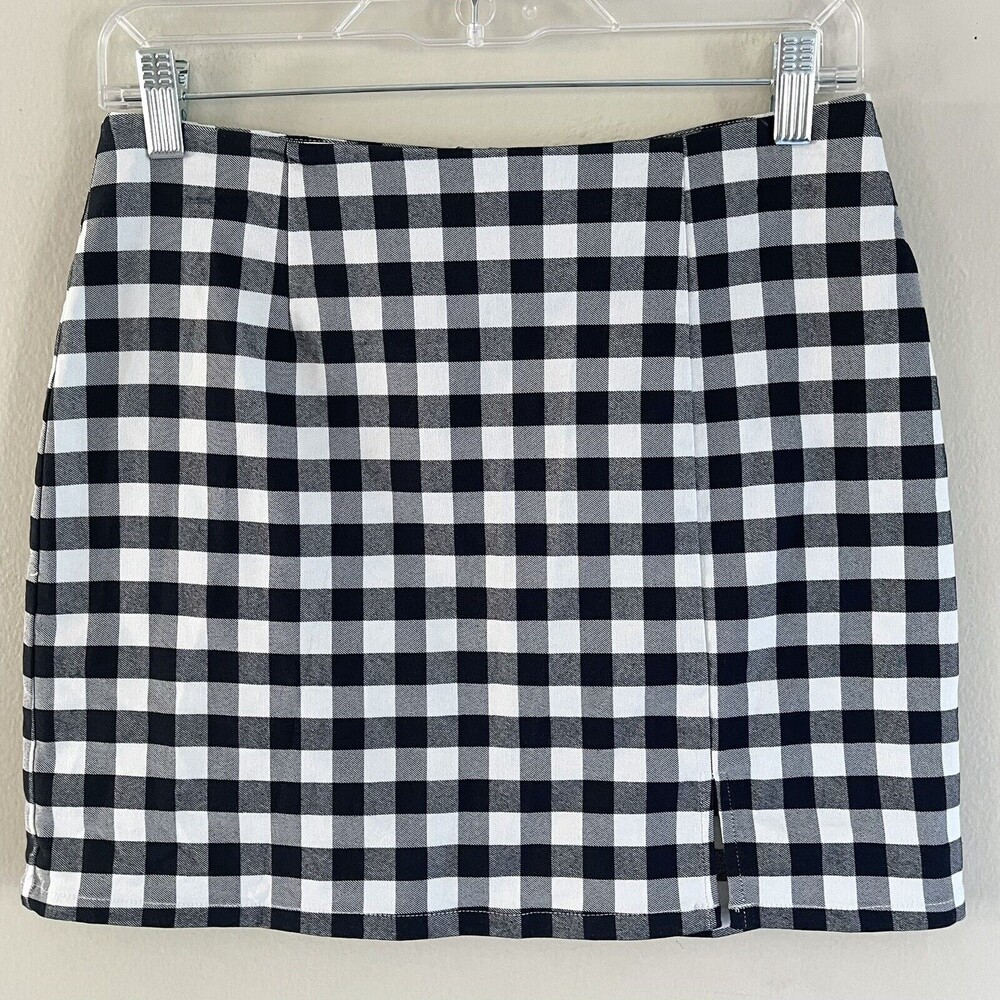 Forever 21 Gingham Straight Mini Skirt Size M Front Slit Black White Stretch